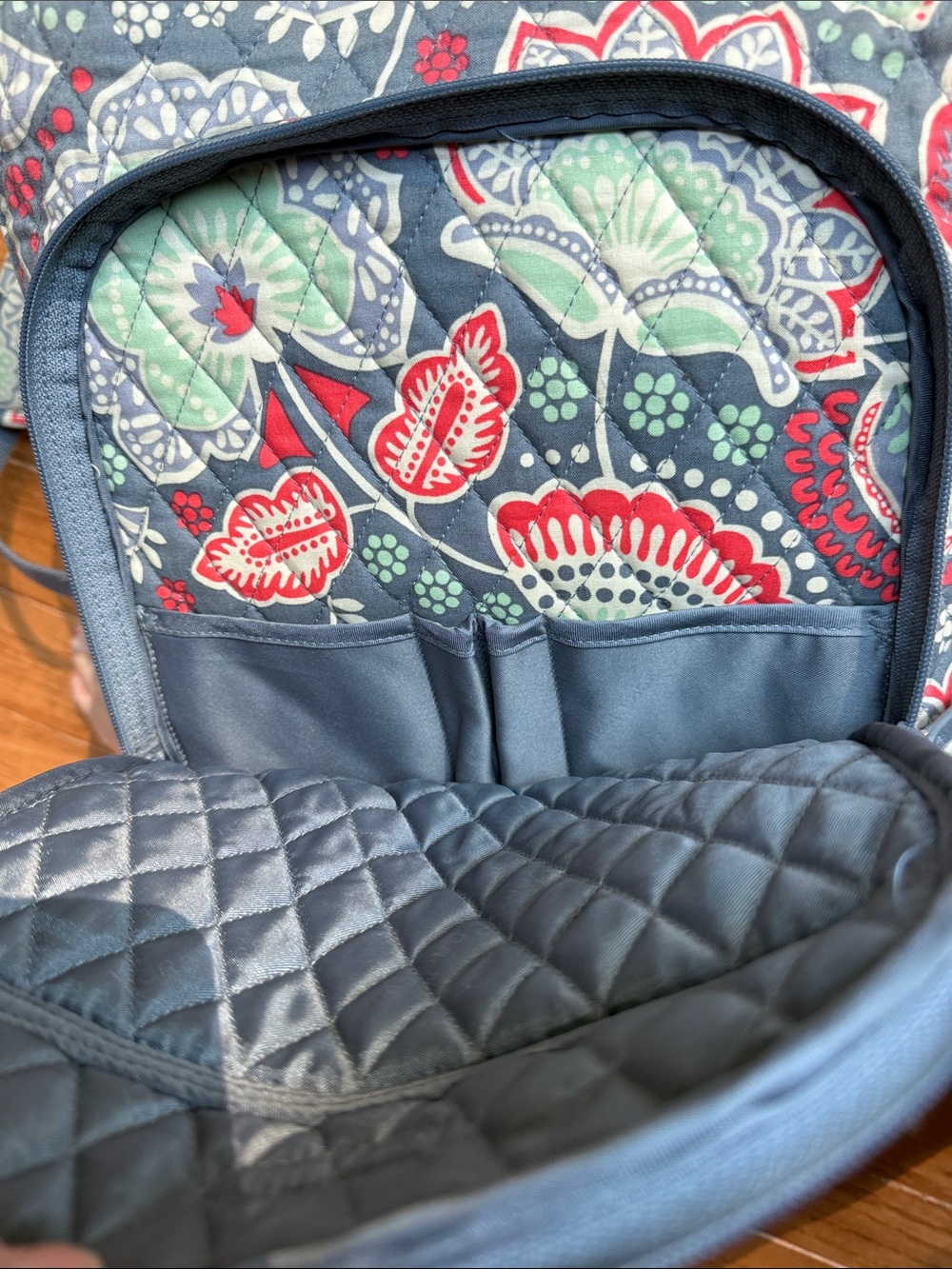 Vera Bradley Quilted Floral Backpack in Slate with Mint and Red Floweted Accents - Picture 2 of 5